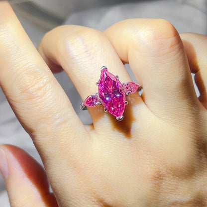 Pink Marquise Moissanite Ring for Women – 6 Carat Three-Stone S925 Ring
