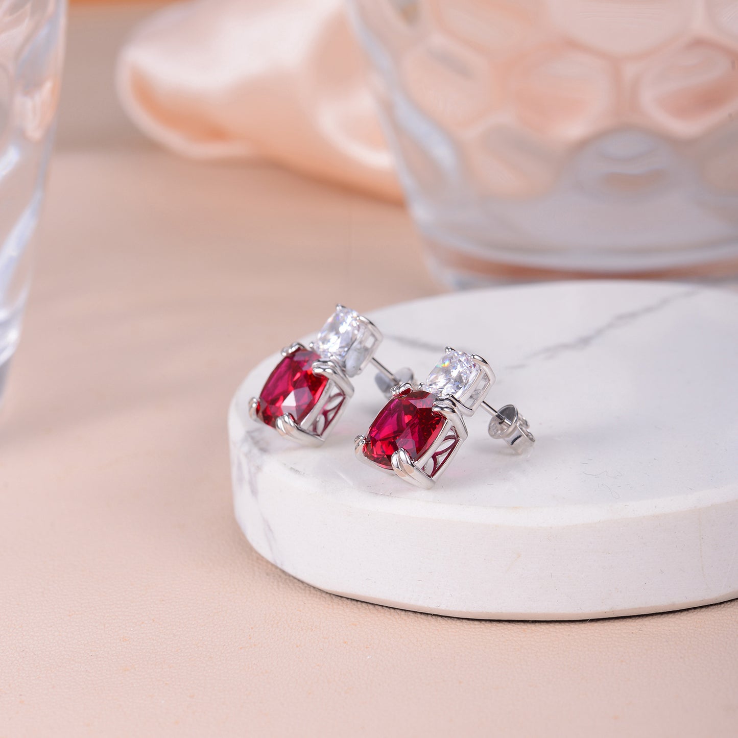 Blue Cushion Cut Stud Earrings for Women, S925 Silver, Square Gemstone Studs product image