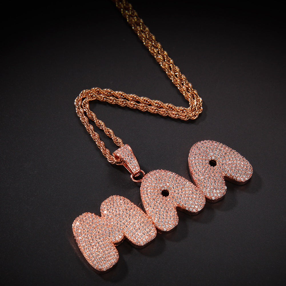 Custom Bubble Letter Necklace with Cubic Zirconia Pendant – Gold or Silver Plated Hip Hop Chain for Women