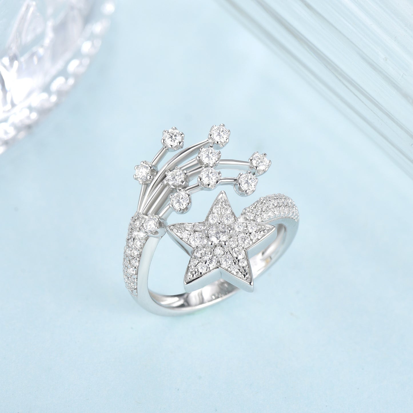 Moissanite Star Open Ring for Women, Silver Comet Celestial Ring product image