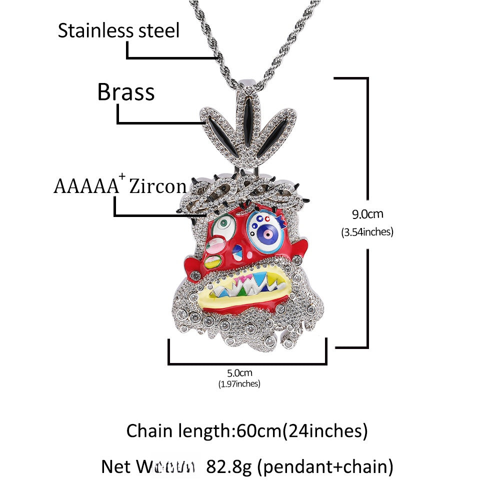 Iced Out Cartoon Monster Pendant Necklace with 24 Inch Twist Chain, Cubic Zirconia Hip Hop Statement Jewelry for Women and Teen Girls product image