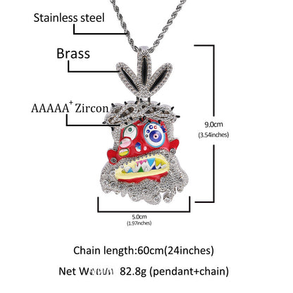 Iced Out Cartoon Monster Pendant Necklace with 24 Inch Twist Chain, Cubic Zirconia Hip Hop Statement Jewelry for Women and Teen Girls