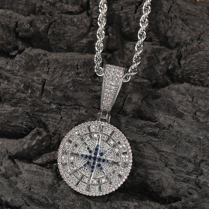 Iced Starry Compass Pendant Necklace with 24-Inch Twist Chain for Women