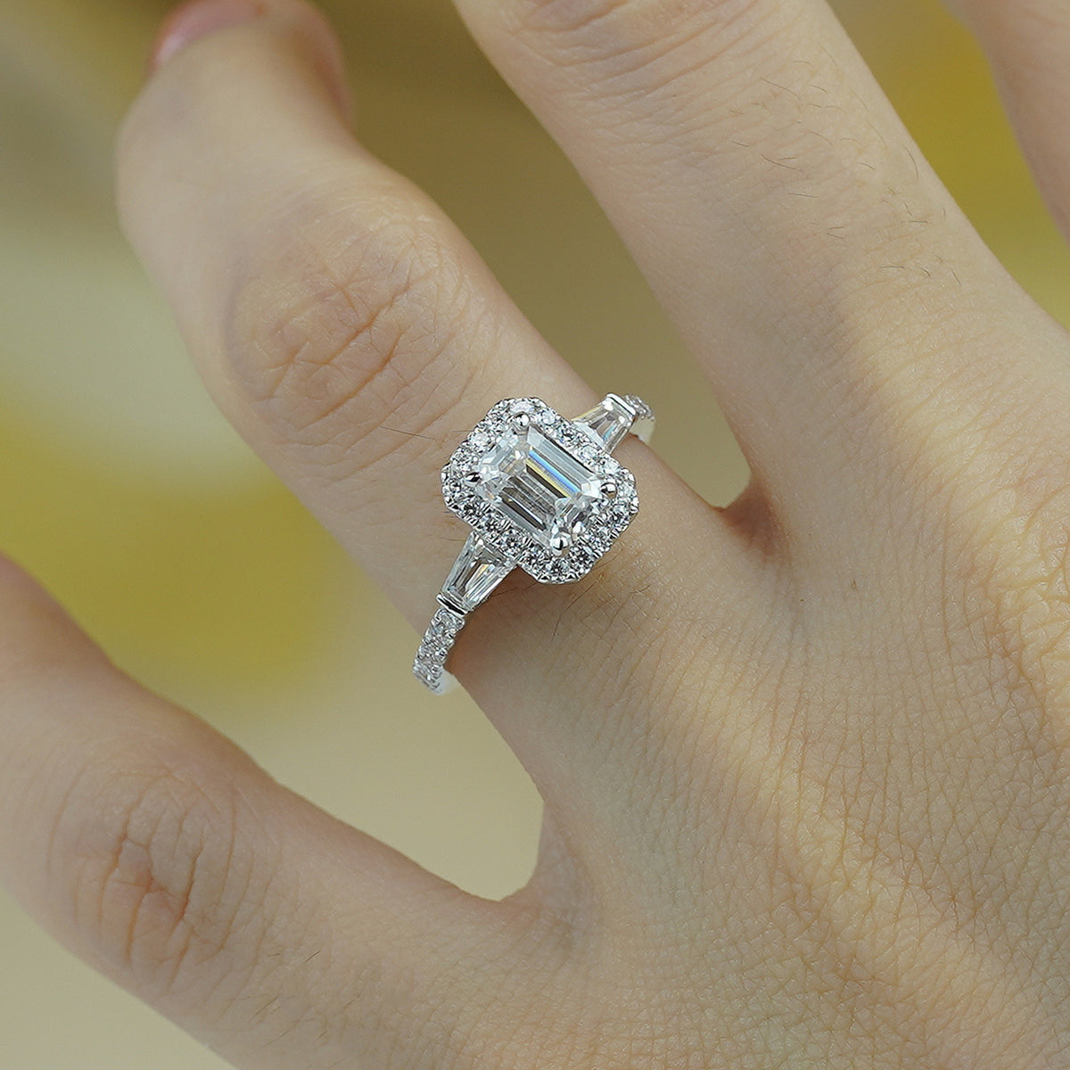Emerald Cut Moissanite Halo Ring for Women, Engagement Ring, Promise Ring product image