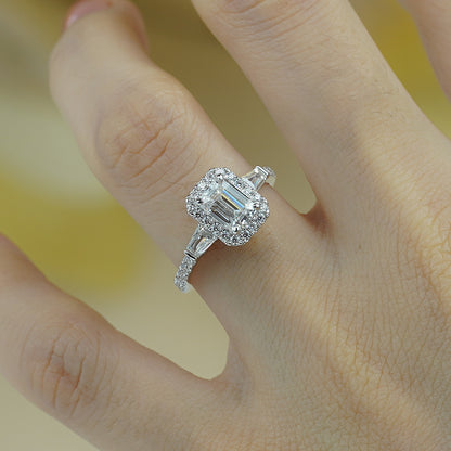 Emerald Cut Moissanite Halo Ring for Women, Engagement Ring, Promise Ring