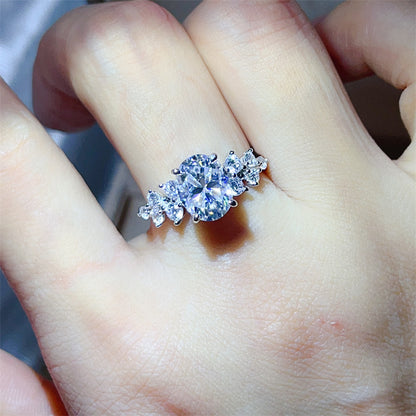 Oval Moissanite Ring for Women with Three-Stone Side Design, Four-Prong Engagement Ring, Sizes 9-20