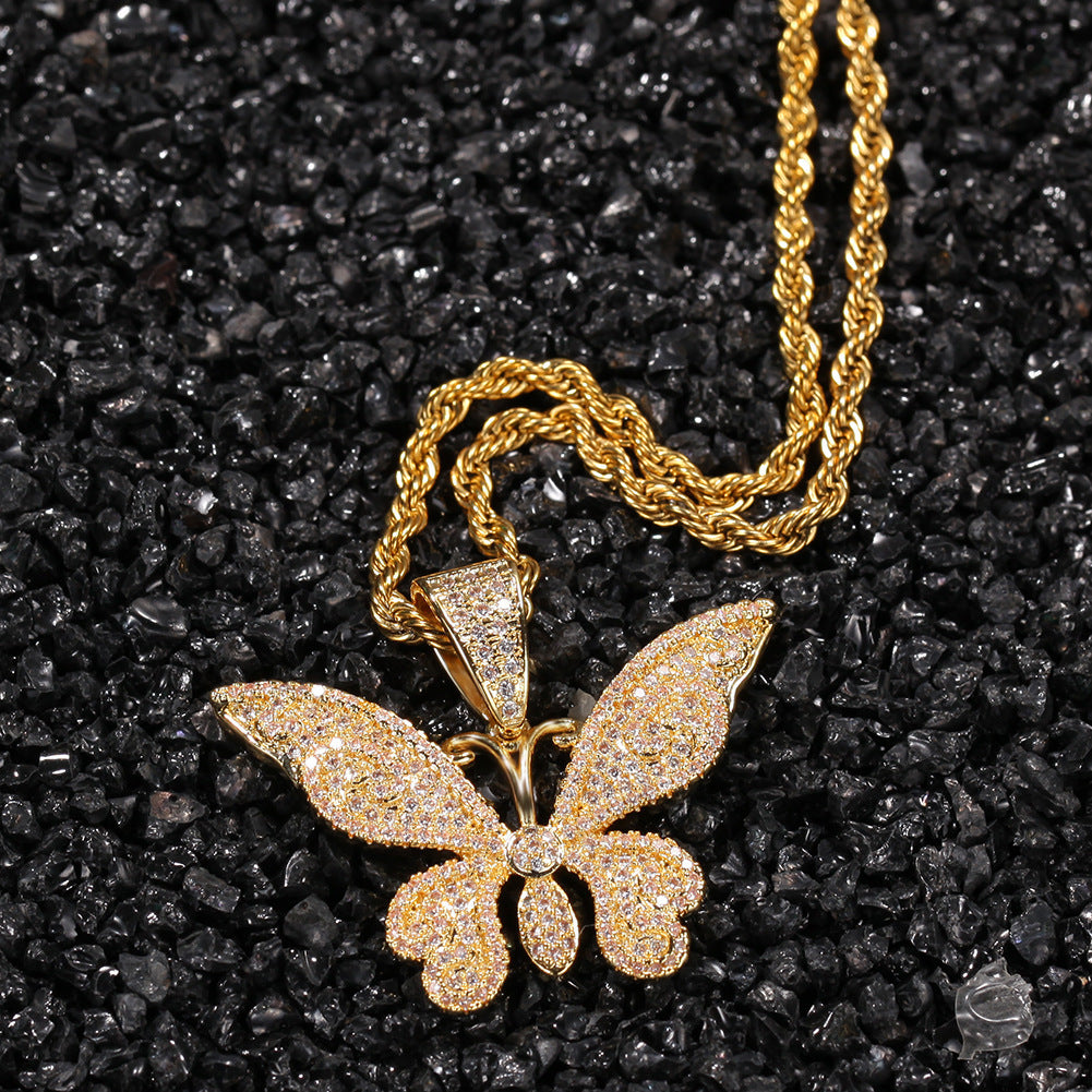 Iced Butterfly Pendant Necklace with Cuban or Rope Chain - Cubic Zirconia Statement Chain for Women and Men