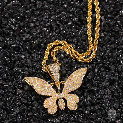 Iced Butterfly Pendant Necklace with Cuban or Rope Chain - Cubic Zirconia Statement Chain for Women and Men