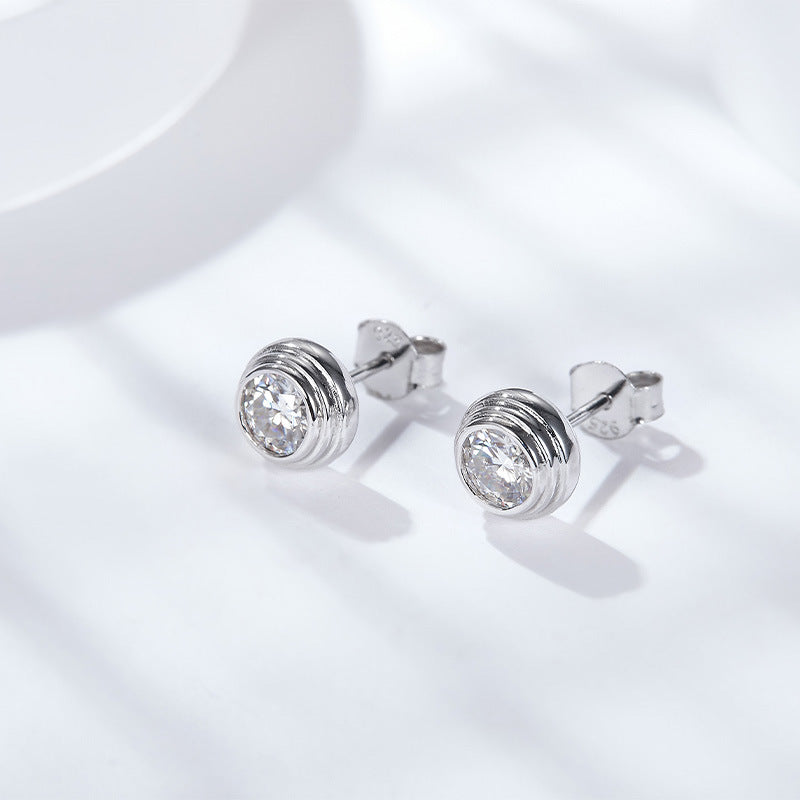 Moissanite Stud Earrings, Round Bezel 50-Point White Gold-Plated Earrings product image