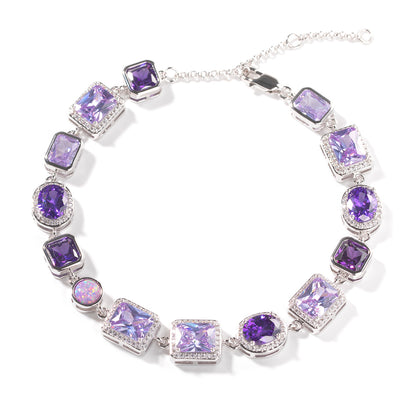 Purple Crystal Geometric Chain Necklace & Bracelet Set for Women and Men, Silver Plated Statement Pendant Jewelry