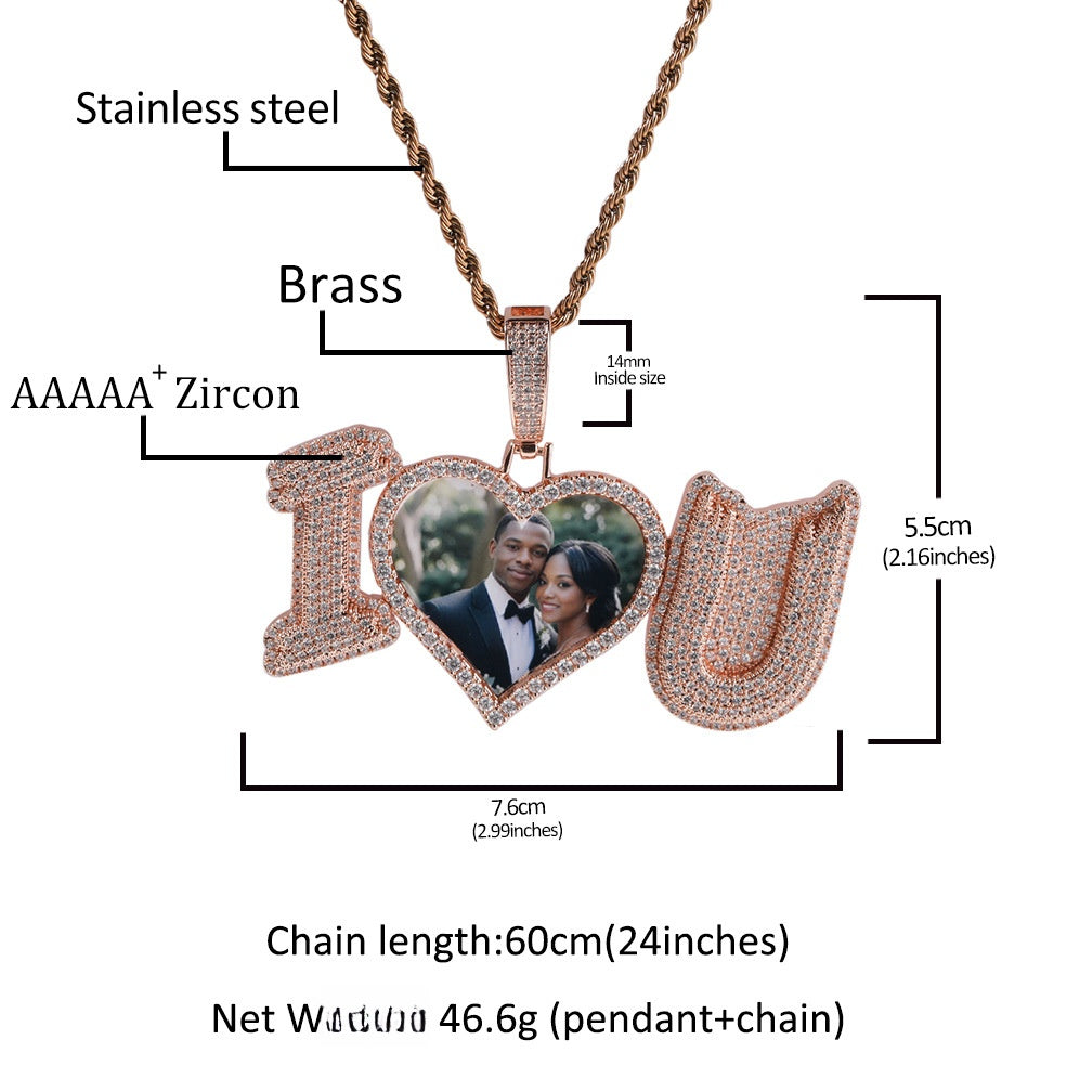 Iced Custom Letter Photo Pendant Necklace for Men with Cubic Zirconia Rope Chain