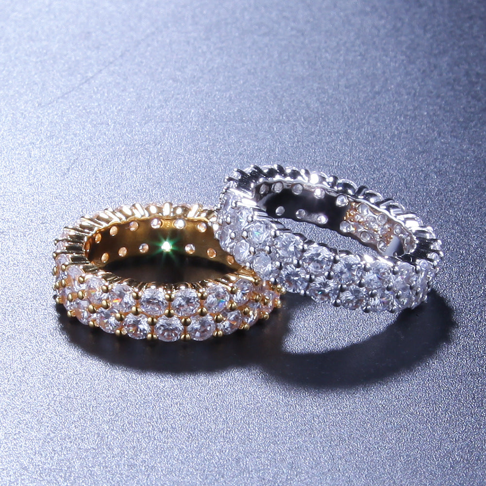 Unisex Double Row Cubic Zirconia Statement Ring – Round Cut Gold & Silver Hip Hop Style Band
