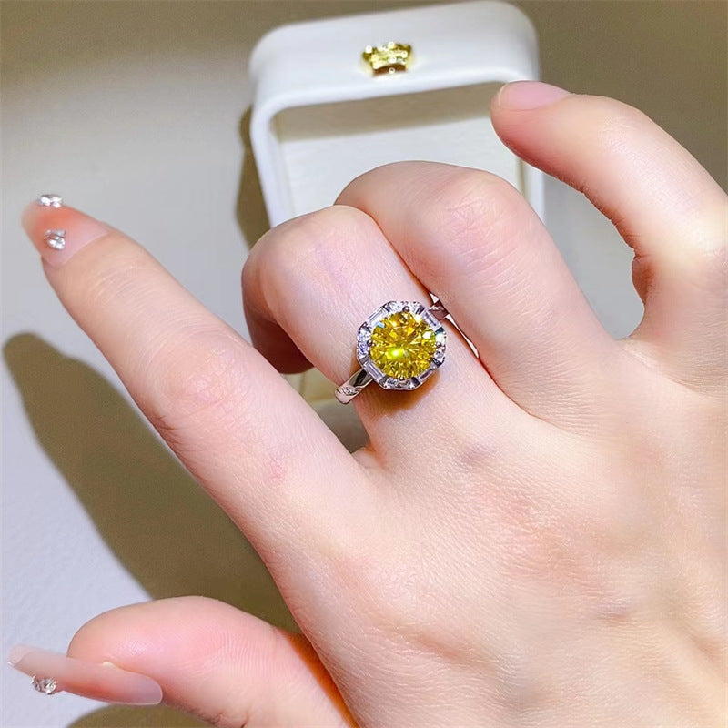Yellow Moissanite Halo Ring for Women, Round Cut Geometric Engagement Ring, 1 Carat or 2 Carat product image