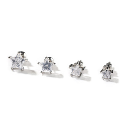 Unisex Silver-Plated Cubic Zirconia Stud Earrings - Square, Heart, Star & Round Hip Hop Statement Earrings
