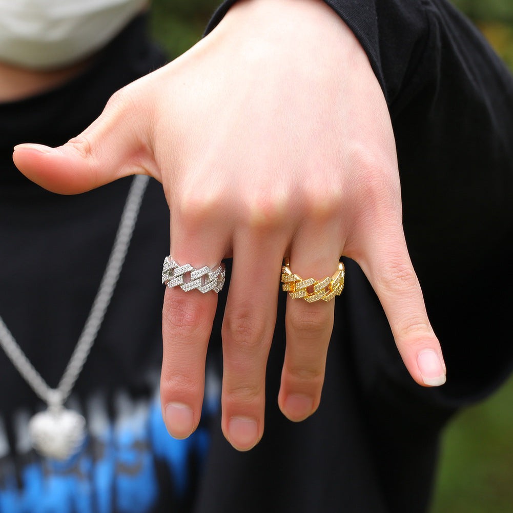Iced Square Link Cuban Chain Ring with Cubic Zirconia for Women & Men - Gold or Silver Statement Ring