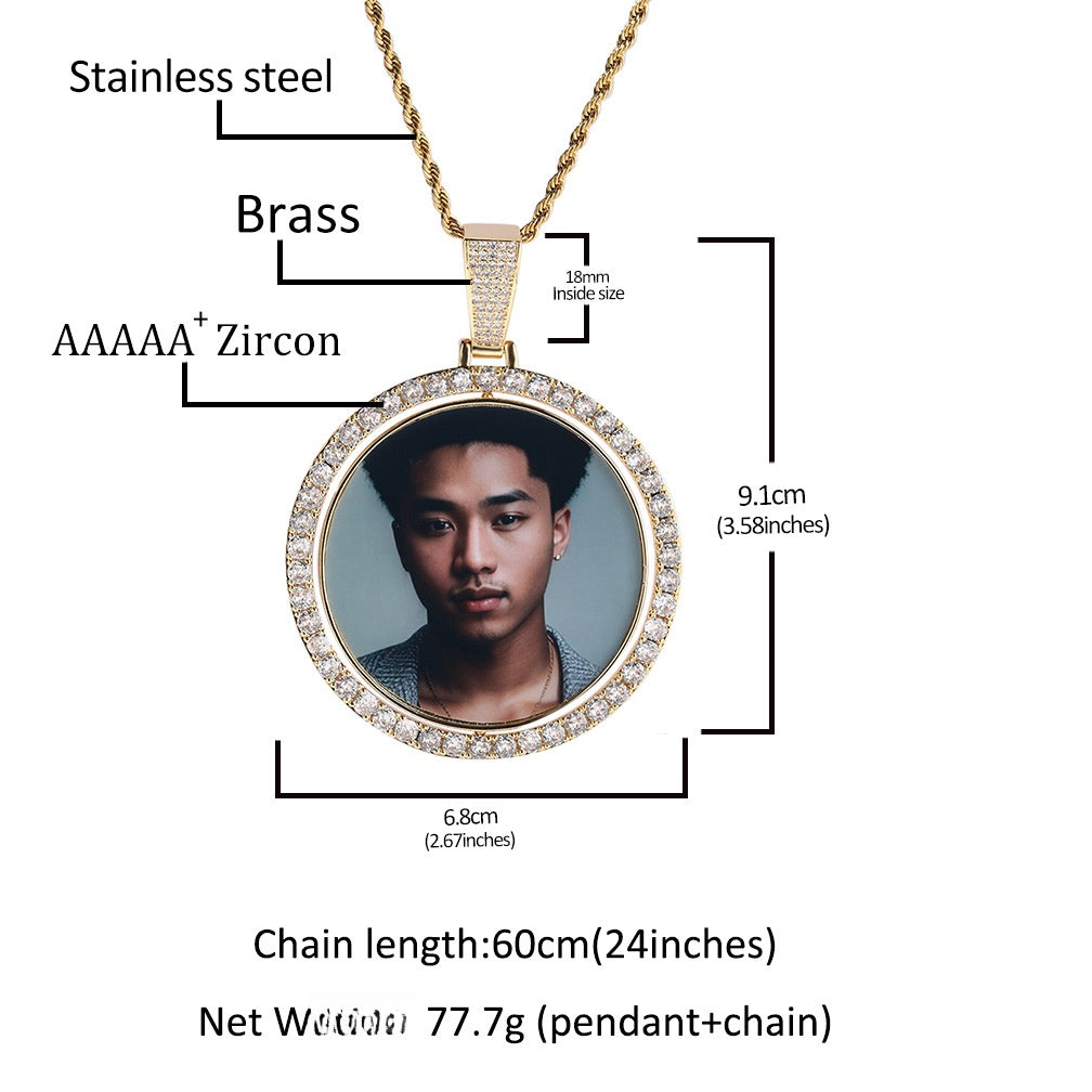 Custom Double-Sided Rotating Photo Pendant Necklace with Cubic Zirconia Round Charm Chain for Women