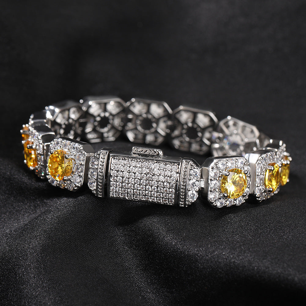 Unisex Silvery Square Link Cubic Zirconia Statement Bracelet - Pink, Purple or Yellow Stone Chain Bracelet
