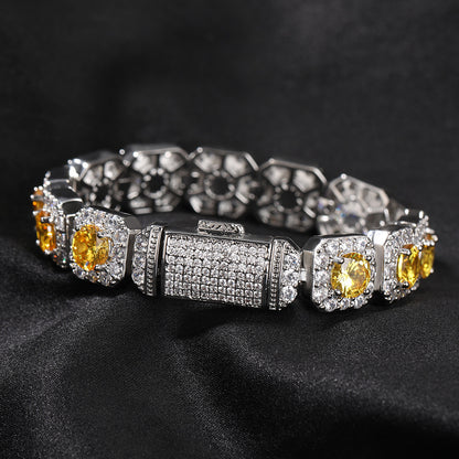 Unisex Silvery Square Link Cubic Zirconia Statement Bracelet - Pink, Purple or Yellow Stone Chain Bracelet