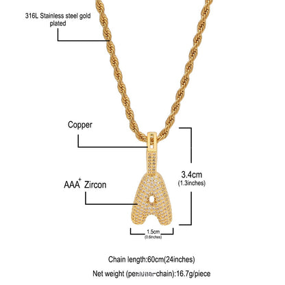 Custom Iced Out Letter Pendant Necklace with Twisted Chain for Women & Men - Gold Plated or Silver Plated Cubic Zirconia Initial Statement Jewelry