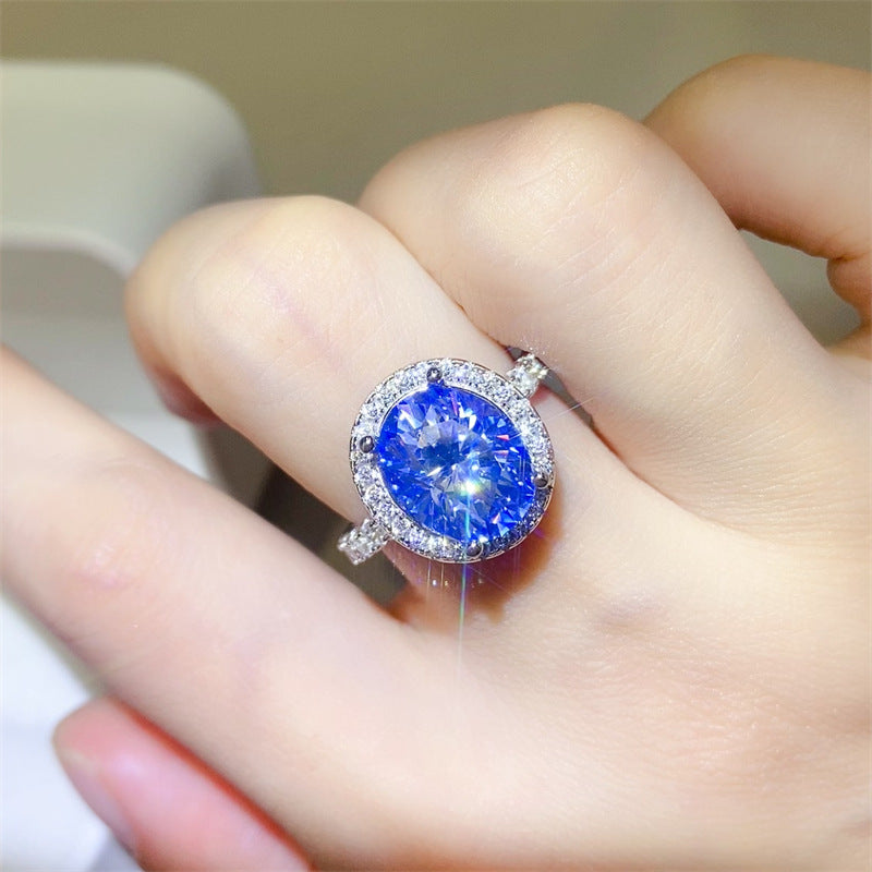 Blue Oval Moissanite Halo Ring for Women, 1 Carat to 5 Carat Engagement Style Ring product image