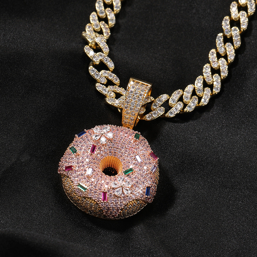Iced Donut Pendant Necklace for Women with Cubic Zirconia Twisted Chain, Gold or Silver Statement Hip Hop Jewelry