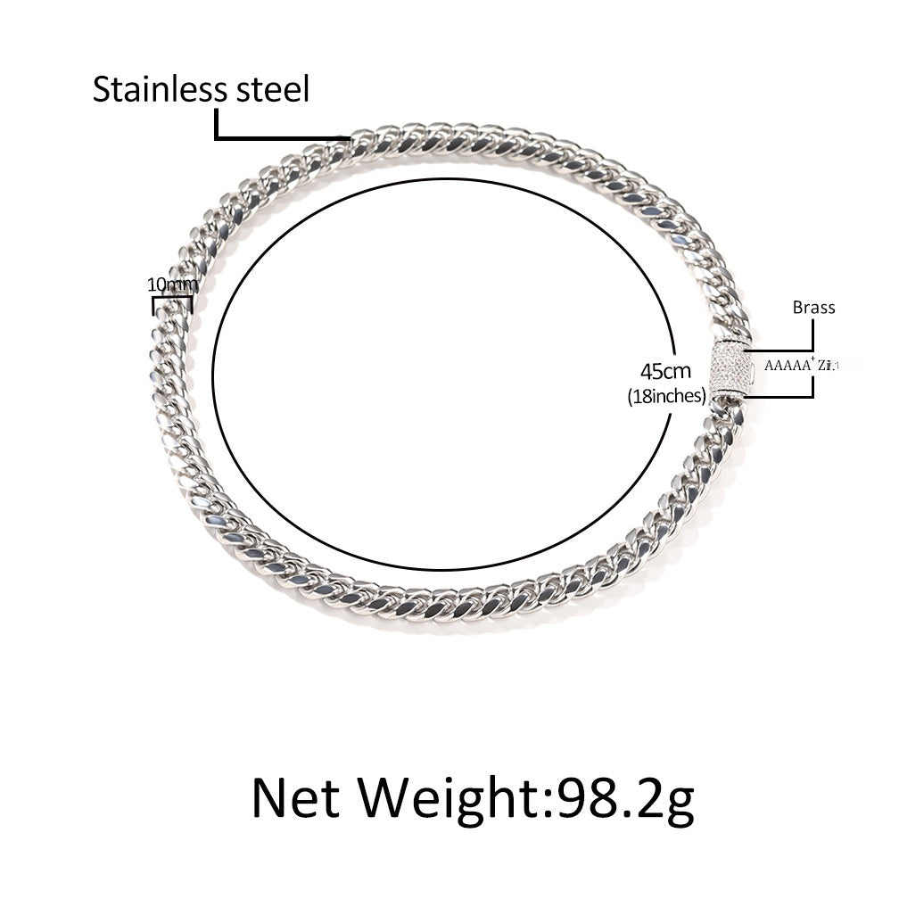 Iced Cuban Link Chain Necklace & Bracelet in Stainless Steel with Cubic Zirconia Clasp - Unisex Hip Hop Statement Jewelry