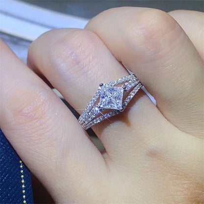 Princess Cut Moissanite Ring for Women, Split Shank Pavé Engagement Ring, U Shape Promise Ring