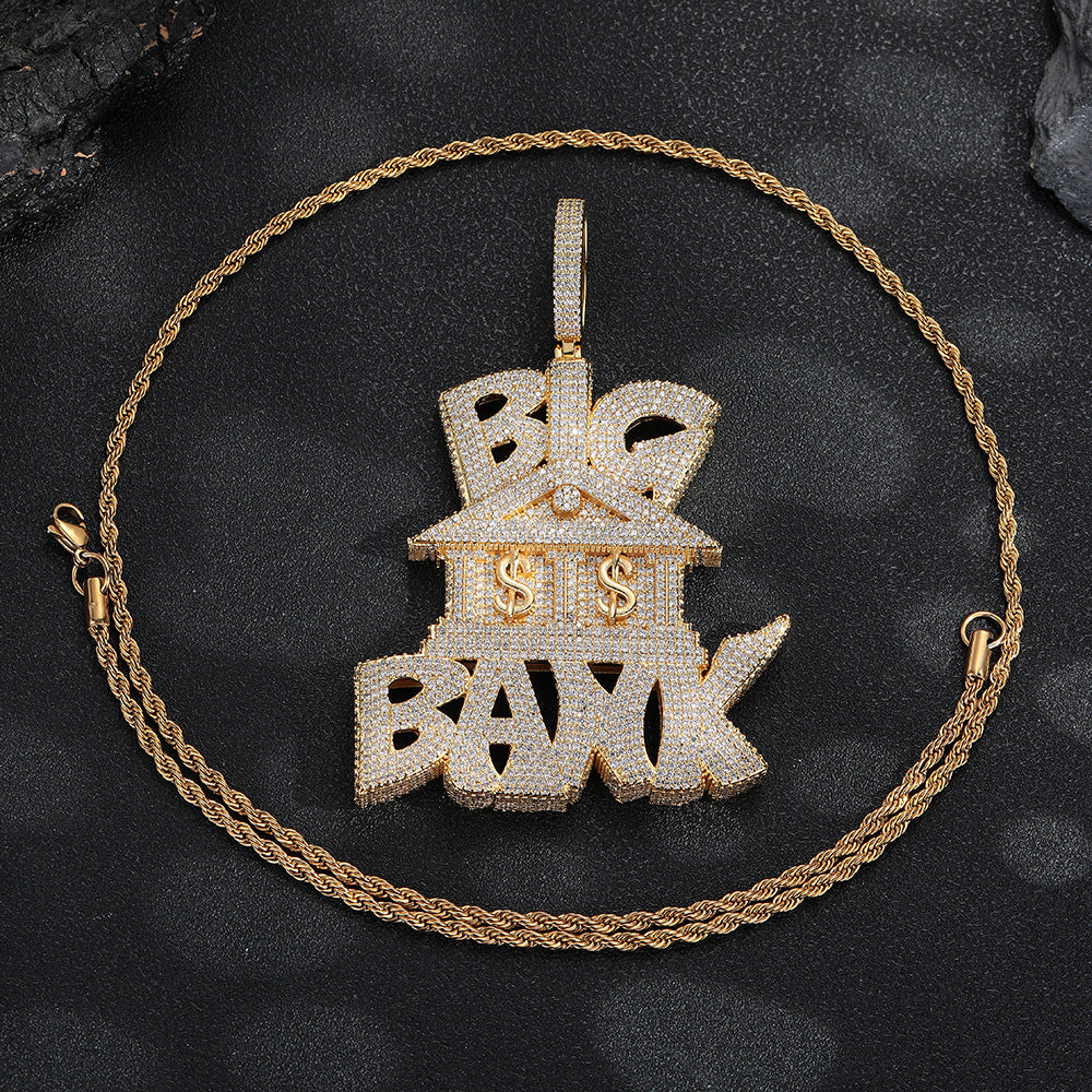 Big Bank Hip Hop Pendant Necklace, Icy Rope Chain Statement Necklace for Men & Women, Oversized Letter Pendant Jewelry