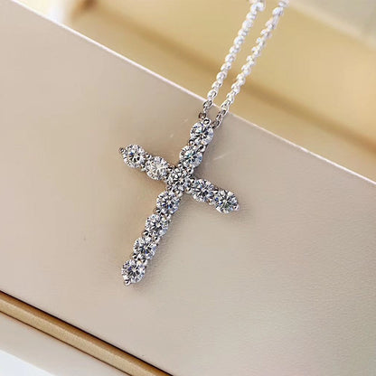 Sparkling Cross Pendant Necklace, Round Stone Jesus Cross Jewelry