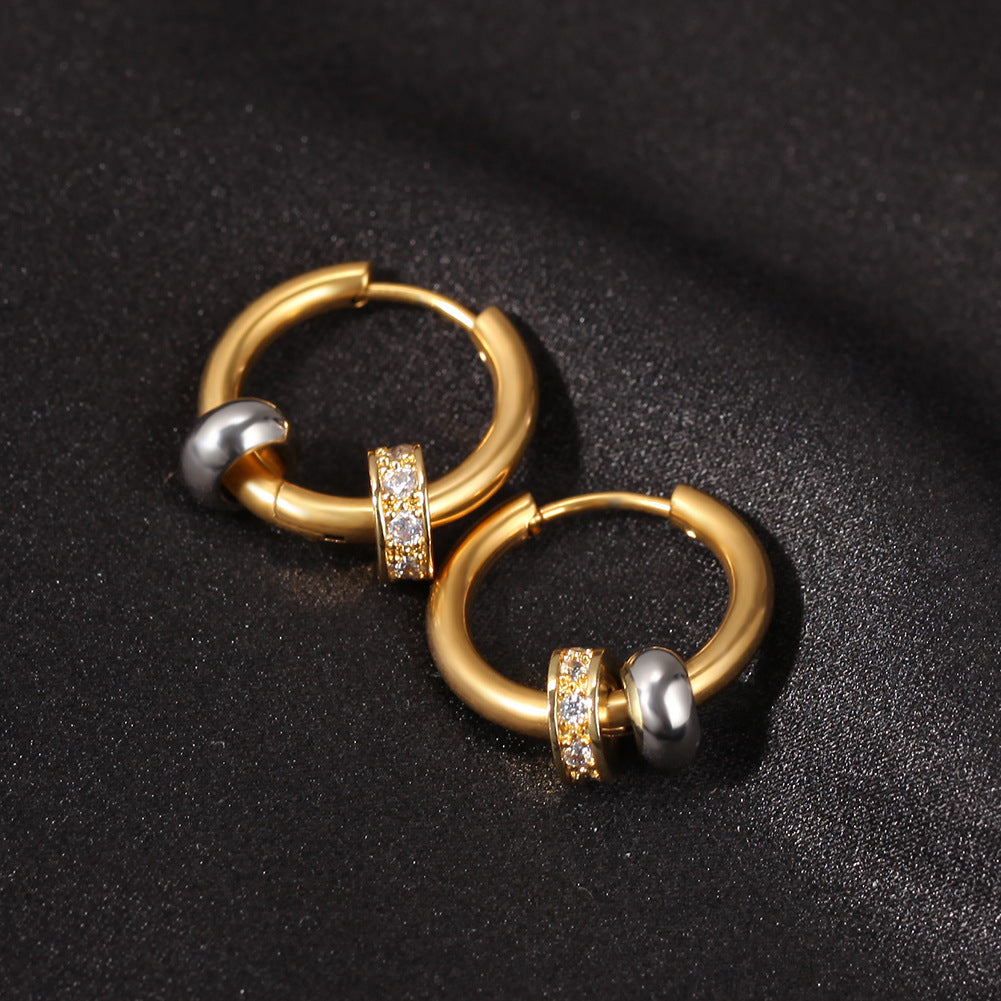 Gold Plated Stainless Steel Round Hoop Earrings with Crystal Accent for Women and Men product image