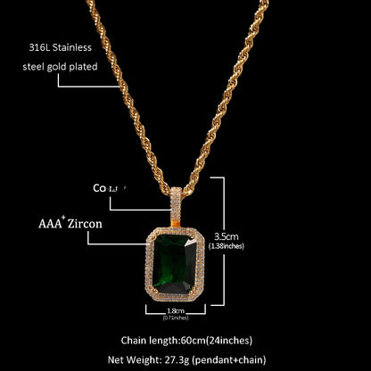 Men’s Rectangular Crystal Pendant Necklace with Cubic Zirconia Halo Stainless Steel Twist Chain