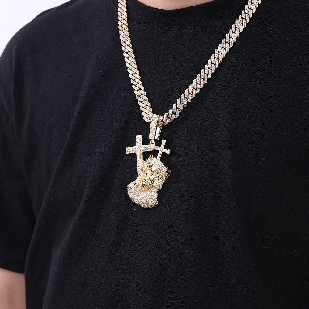 Hip Hop Cross Face Pendant Necklace, Micro-Set Copper Figure, 3MM Twist Chain product image