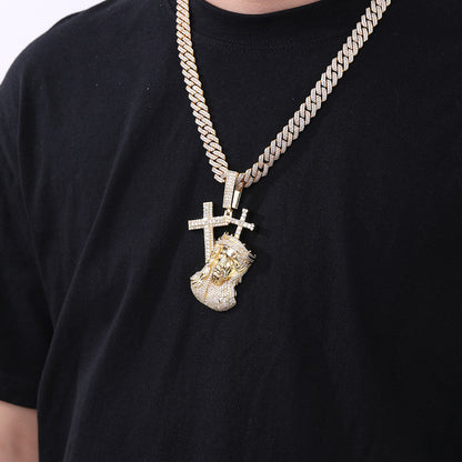 Hip Hop Cross Face Pendant Necklace, Micro-Set Copper Figure, 3MM Twist Chain
