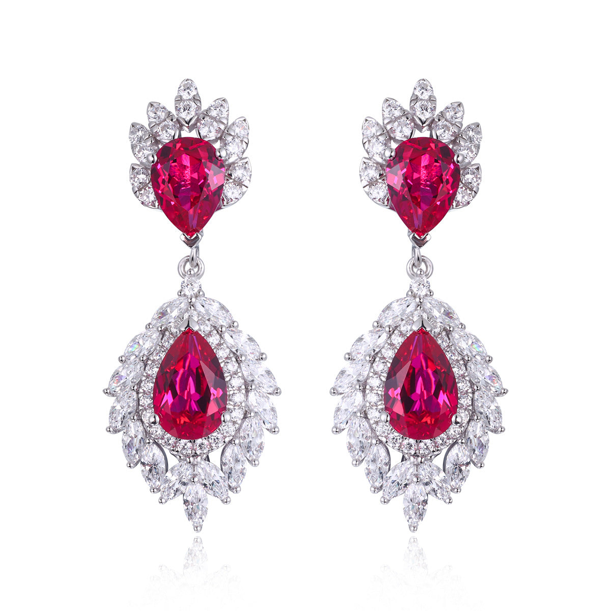 Pear-Shaped Red Halo Ring in 925 Silver, Floral Teardrop Ring product image