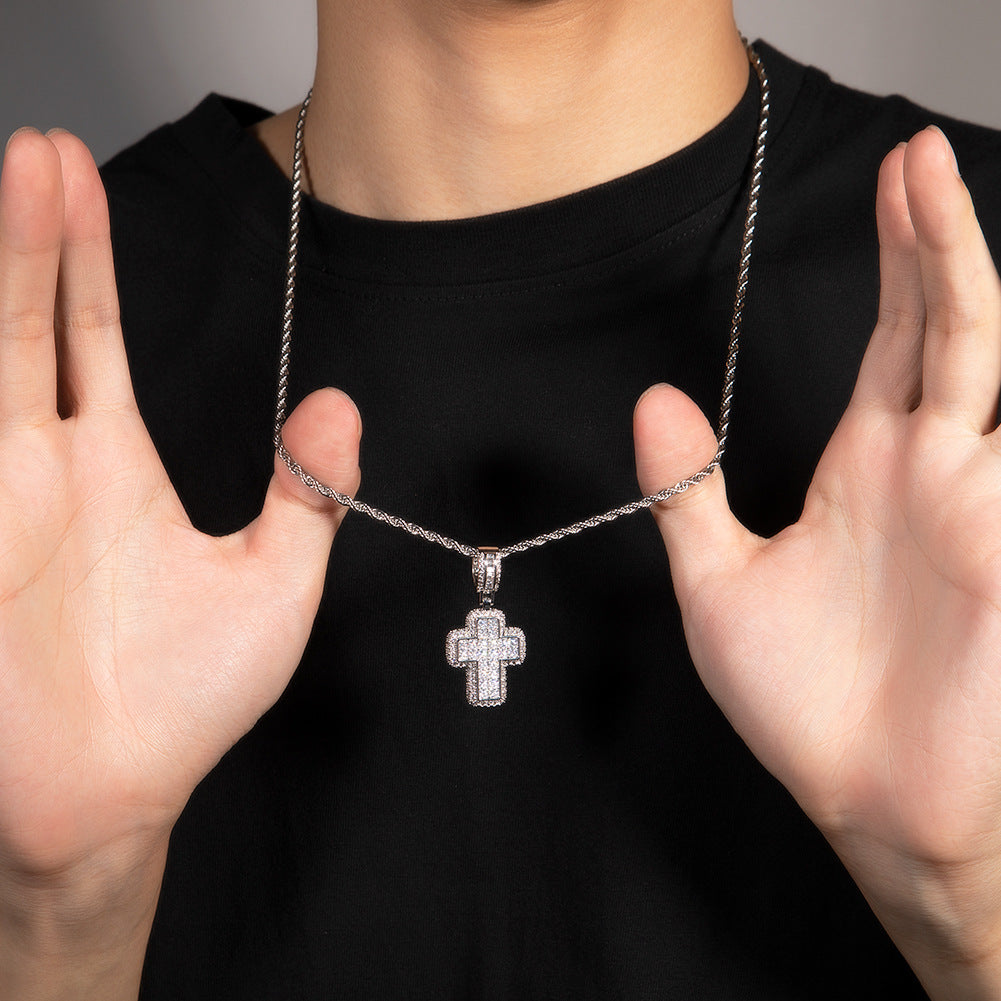 Unisex Cross Pendant Necklace with Cubic Zirconia Rope Chain - Gold Plated or Silver Plated Statement Jewelry