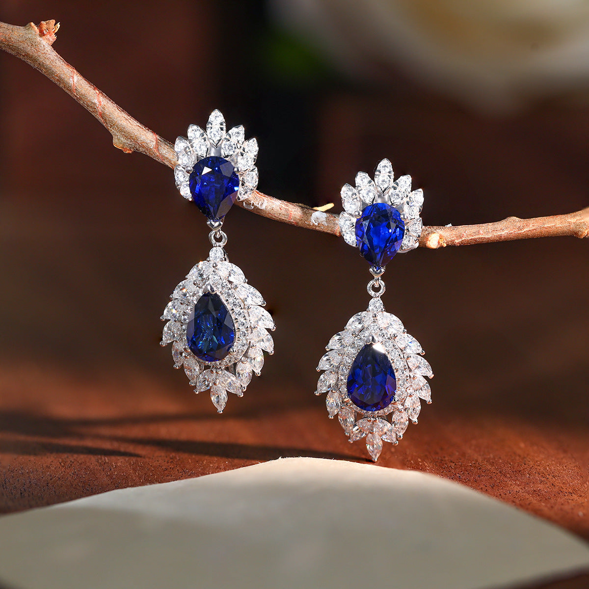 925 Silver Blue Teardrop Halo Ring and Earrings Set product image