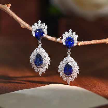 925 Silver Blue Teardrop Halo Ring and Earrings Set
