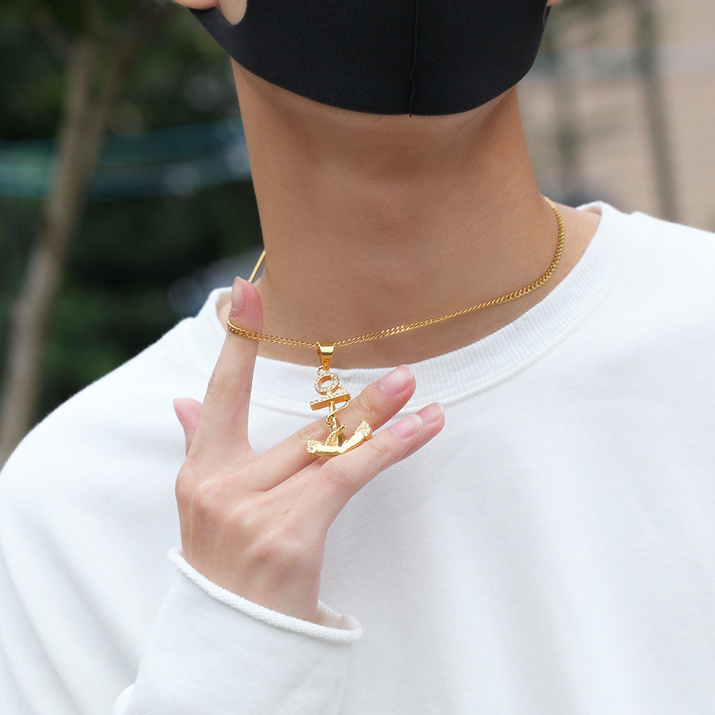Gold Plated Nautical Ship Wheel Anchor Pendant Necklace with Cuban Chain, Stainless Steel Hip Hop Statement Jewelry