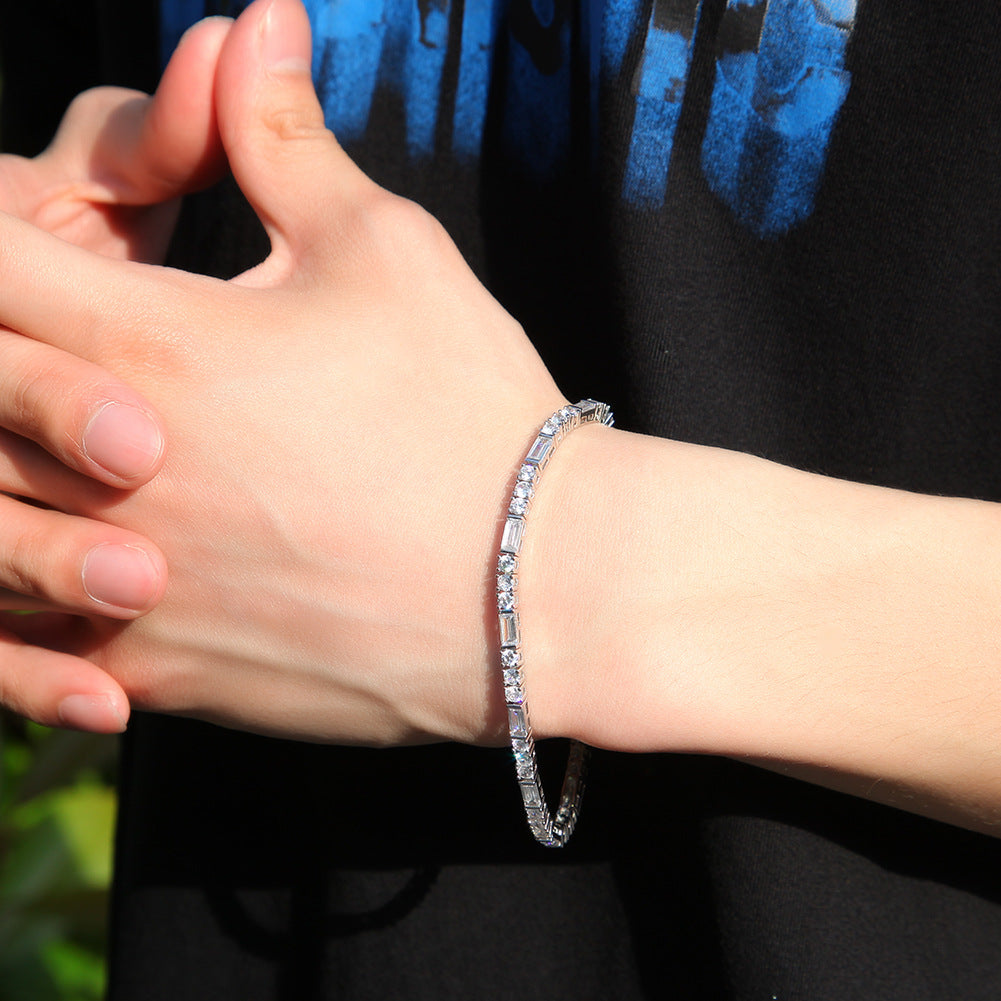 Unisex Geometric Cubic Zirconia Tennis Bracelet in Gold or Silver Tone, Square Link Hip Hop Chain Bracelet