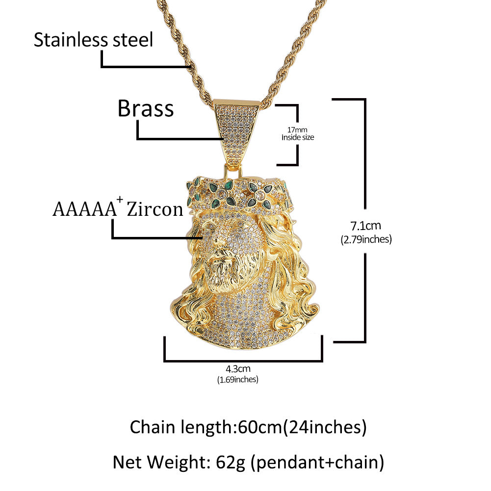 Iced Irregular Jesus Pendant Necklace with Cubic Zirconia Twist Chain for Women and Men