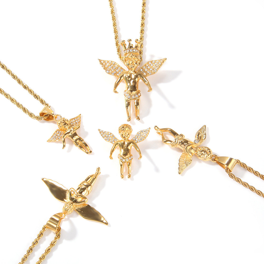 Iced Angel Pendant Necklace for Women & Men – Stainless Steel Gold Tone Chain Necklace with Crown Angel Charm