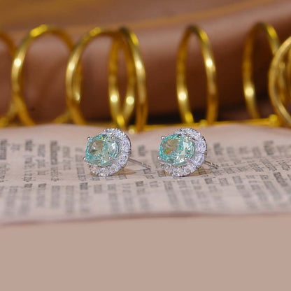 Oval Green Halo Stud Earrings for Women, Sterling Silver