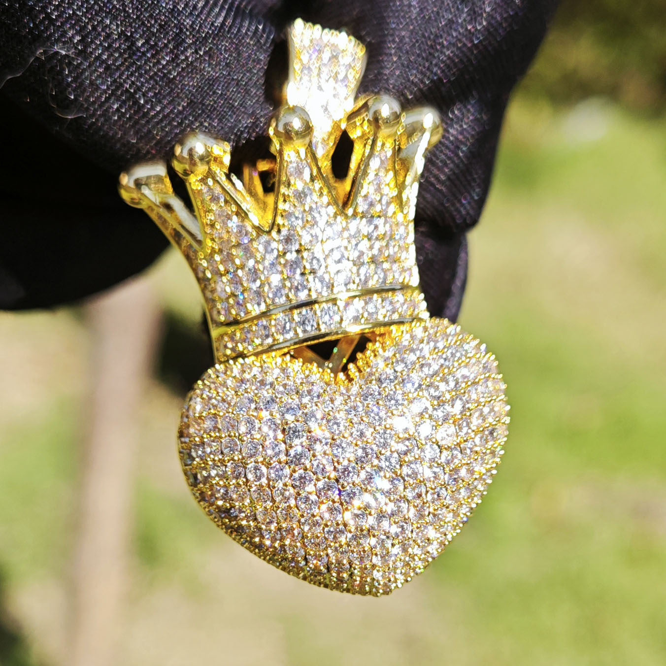 Unisex Iced Crown Heart Pendant Necklace