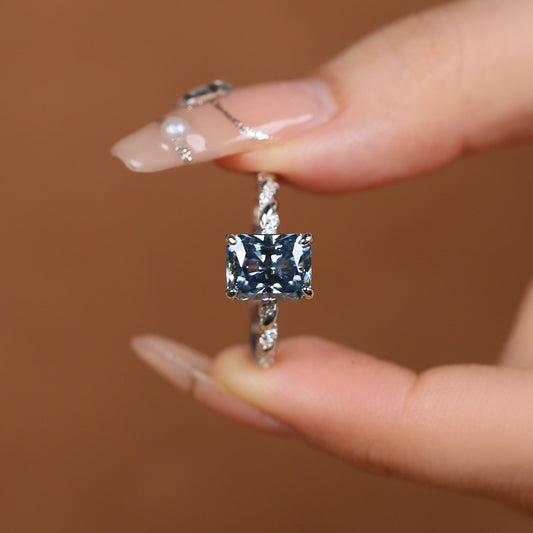 Blue Moissanite Ring, 3 Carat Radiant Cut, S925 Sterling Silver Twisted Band product image