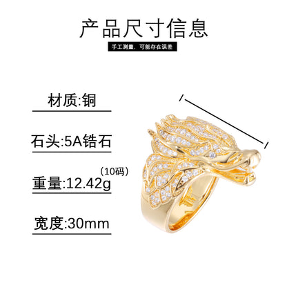 Men's Zircon Dragon Head Ring, Hip Hop Copper Ring, White Tone or Gold Tone, Sizes 7-11