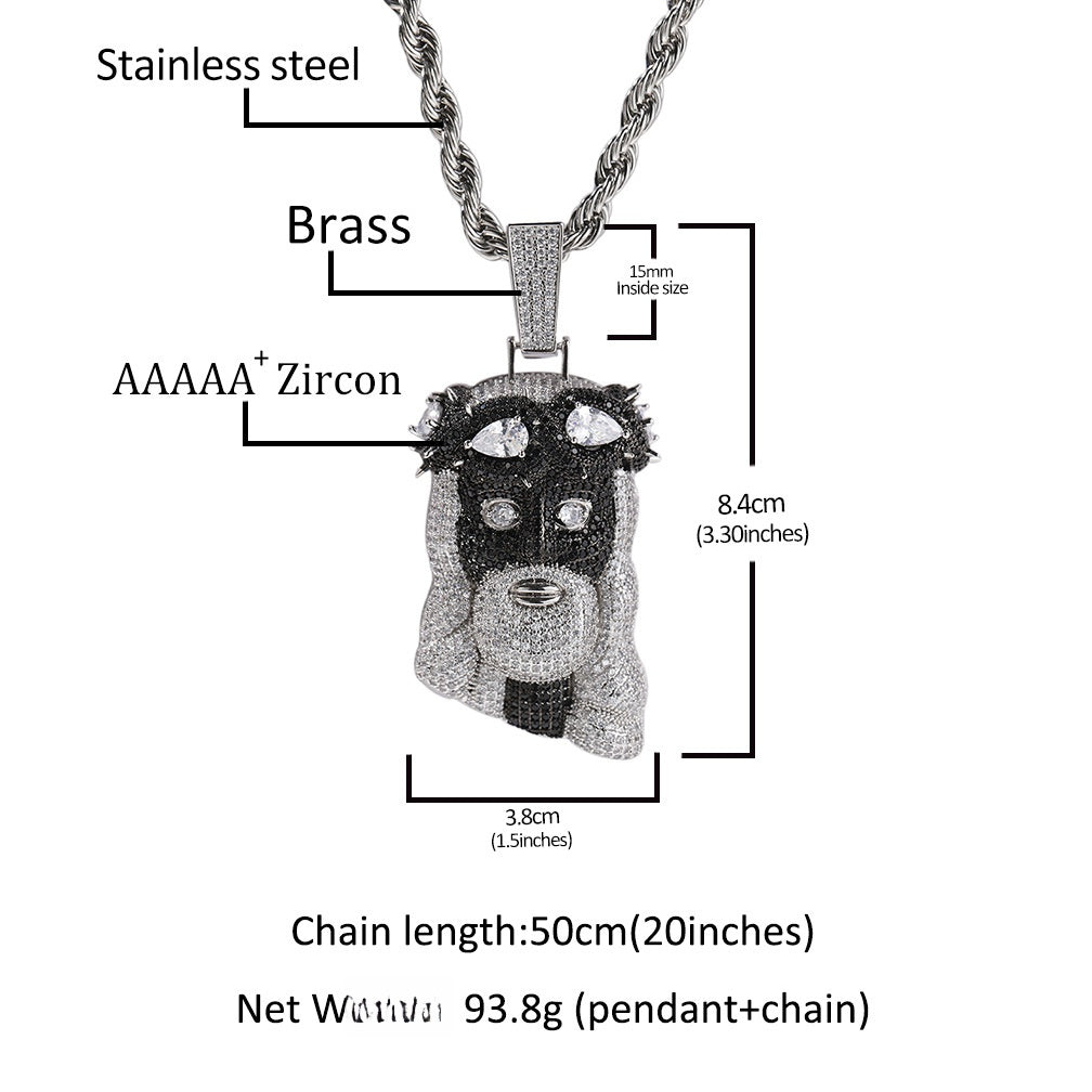 Iced Black & White Dog Head Pendant Necklace with 3mm 24-Inch Twist Chain – Hip Hop Copper Statement Jewelry