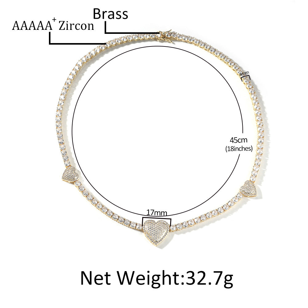 Unisex Heart Pendant Cubic Zirconia Tennis Chain Necklace in Gold or Silver, 16/18/20 Inch Statement Jewelry