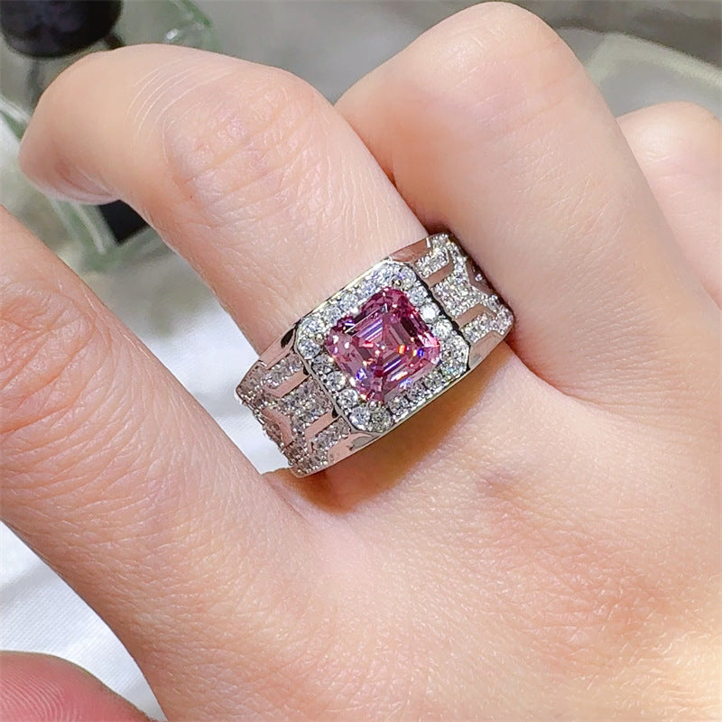 Men's Pink Asscher Cut Moissanite Ring with Halo Pavé Band product image