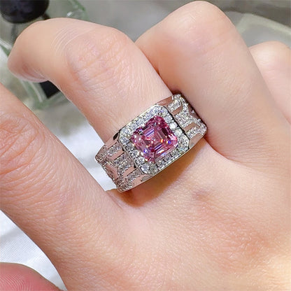 Men's Pink Asscher Cut Moissanite Ring with Halo Pavé Band
