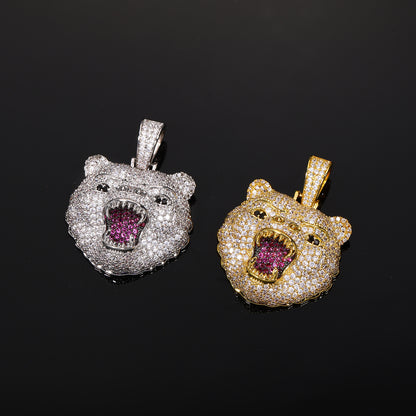 Iced Out Roaring Bear Pendant Necklace for Men and Women, Micro Pave Cubic Zirconia Hip Hop Statement Chain
